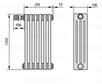 Схема (чертеж) Радиатор Zehnder Charleston 4120/6 №V012 Белый глянцевый RAL 9016